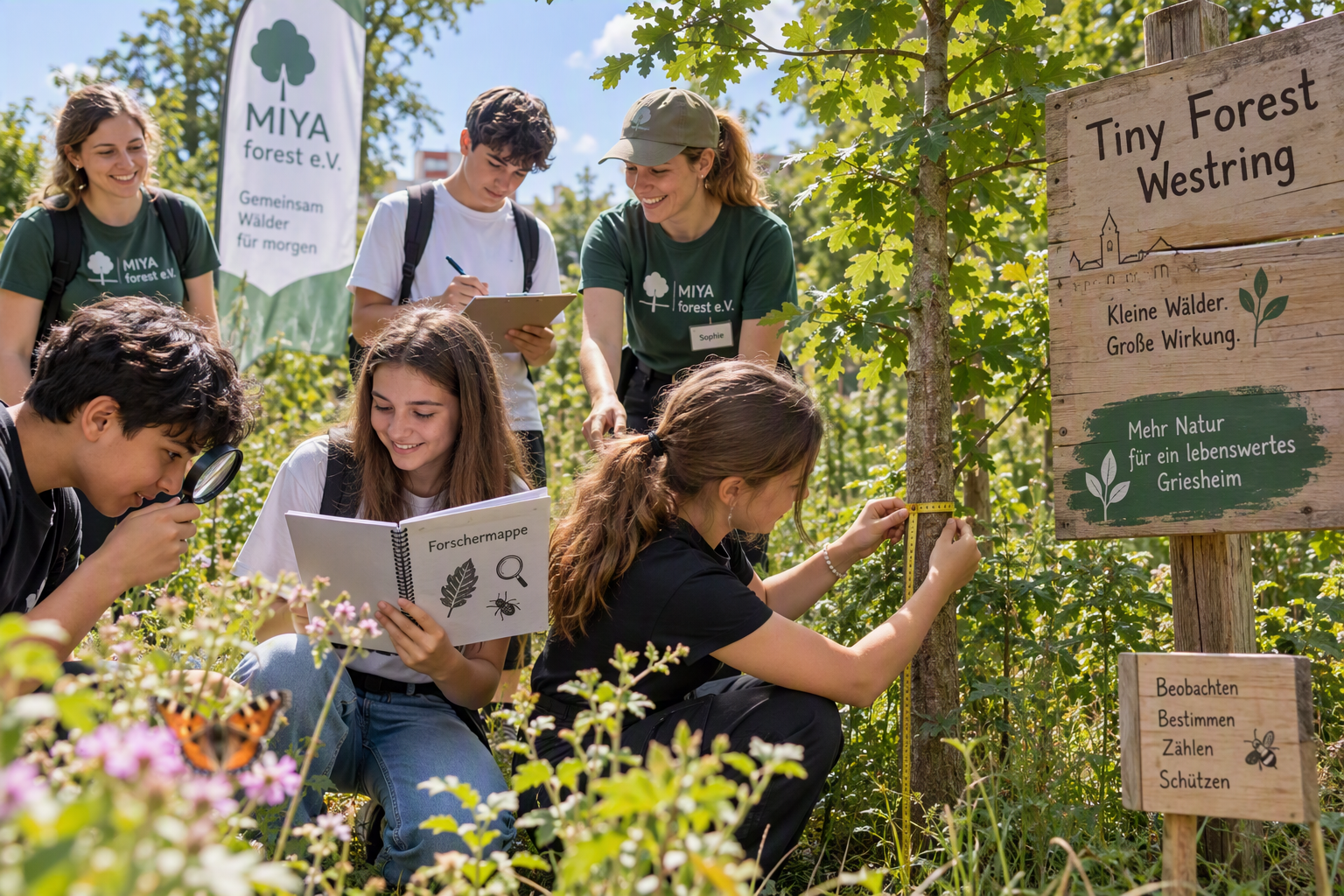 Mit Forschermappe und Maßband im Griesheimer Tiny Forest