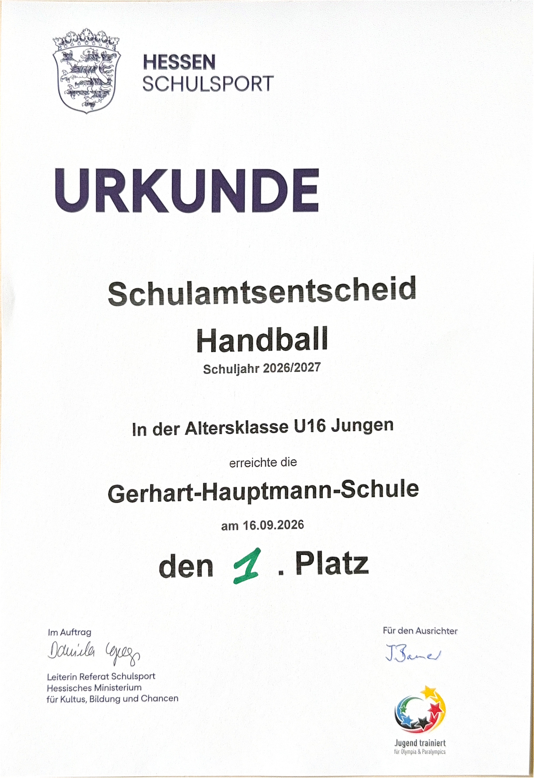 GHS gewinnt Schulamtsentscheid U16 Handball